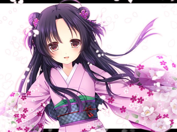 Anime picture 1024x768 with original asazuki kanai single long hair looking at viewer blush open mouth black hair simple background smile brown eyes upper body ahoge traditional clothes parted lips japanese clothes mole hair bun (hair buns) mole under eye floral print