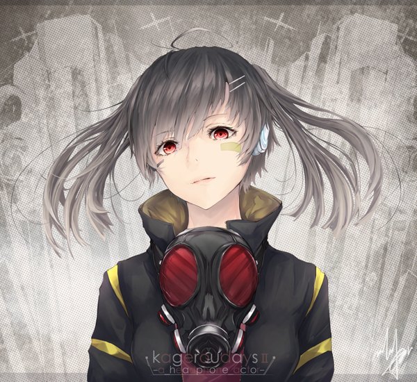 Anime picture 1789x1642 with kagerou project shaft (studio) enomoto takane marumoru single long hair looking at viewer highres red eyes upper body ahoge grey hair inscription bandaid on face girl hair ornament jacket hairclip building (buildings) bandaid