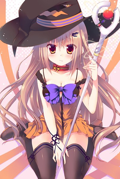 Anime picture 800x1188 with original sakura hanpen single long hair tall image looking at viewer blush red eyes brown hair bare shoulders witch girl thighhighs dress bow black thighhighs witch hat staff