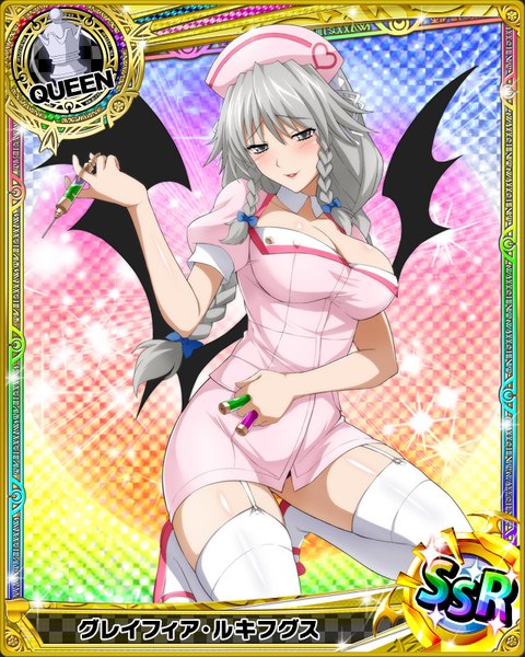 Anime picture 640x800 with highschool dxd grayfia lucifuge single long hair tall image looking at viewer blush breasts light erotic braid (braids) grey hair grey eyes card (medium) nurse girl thighhighs uniform white thighhighs wings nurse cap