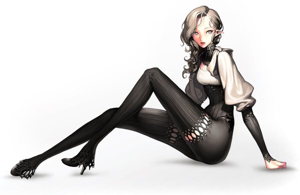 Anime picture 1260x820 with blade & soul kun (blade & soul) single long hair looking at viewer simple background white background sitting pointy ears grey hair shadow grey eyes elf girl thighhighs black thighhighs