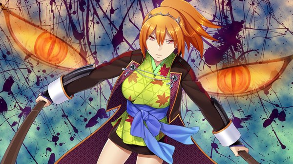 Anime picture 1280x720 with sengoku hime 4 long hair red eyes wide image game cg ponytail traditional clothes orange hair girl weapon sword katana