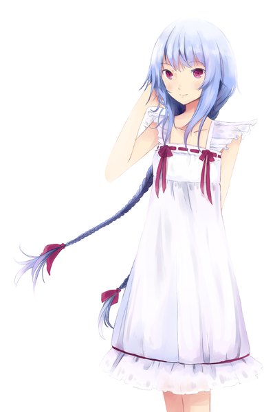Anime picture 1000x1500 with original shadow2810 single long hair tall image looking at viewer blush simple background smile white background purple eyes blue hair braid (braids) light smile twin braids hand on head girl dress ribbon (ribbons) hair ribbon