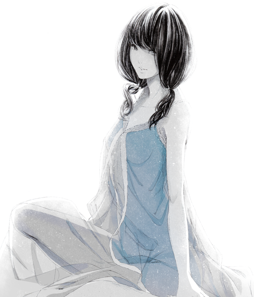 Anime picture 1280x1497 with original sousou (sousouworks) single long hair tall image looking at viewer open mouth black hair simple background white background sitting twintails bare shoulders grey eyes monochrome see-through silhouette girl transparent clothing