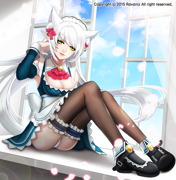 Anime picture 1964x2013 with original ravaniz single long hair tall image looking at viewer highres light erotic green eyes animal ears sky cloud (clouds) white hair wind pointy ears maid pantyshot lens flare adjusting hair girl