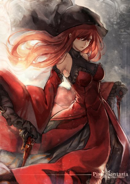 Anime picture 800x1131 with original pixiv fantasia pixiv fantasia t red queen (pixiv fantasia) ryuuzaki ichi single long hair tall image looking at viewer fringe breasts red eyes standing bare shoulders holding red hair long sleeves arm up wind wide sleeves
