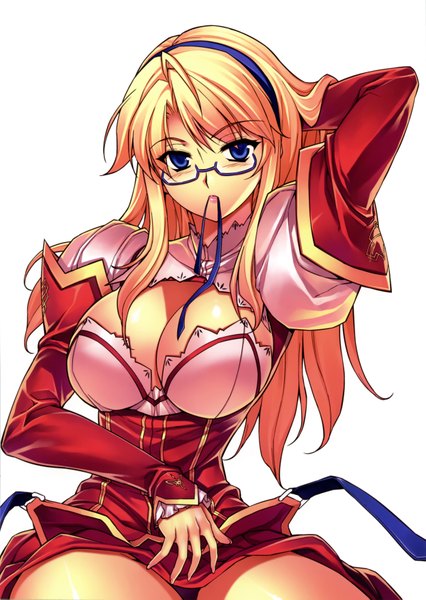 Anime picture 4997x7033 with freezing satellizer el bridget kim kwang hyun single long hair tall image looking at viewer blush highres breasts blue eyes light erotic simple background blonde hair large breasts white background holding absurdres cleavage scan