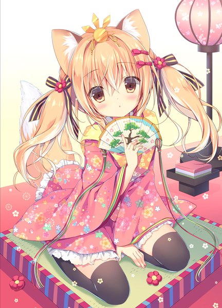 Anime picture 700x971 with original miyasaka miyu single long hair tall image looking at viewer blush fringe blonde hair hair between eyes sitting twintails holding animal ears yellow eyes payot full body tail traditional clothes japanese clothes