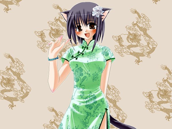 Anime picture 1280x960 with blush animal ears tail cat girl chinese clothes girl chinese dress