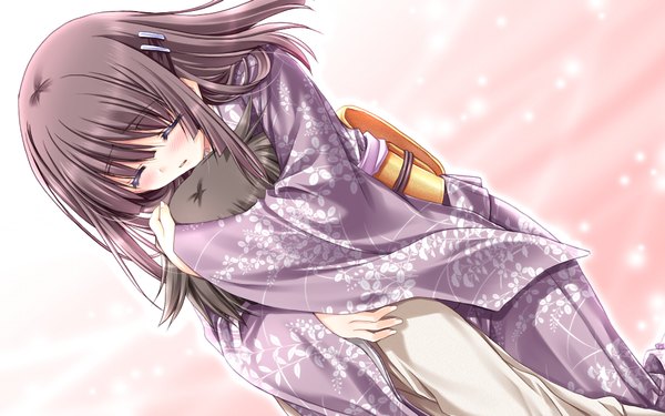 Anime picture 1024x640 with hatsukoi yohou (game) blush short hair black hair wide image game cg eyes closed japanese clothes girl kimono child (children)