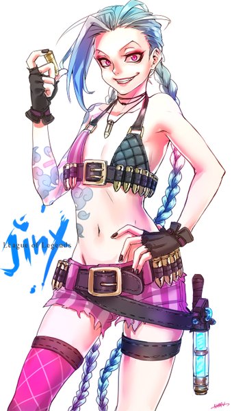 Anime picture 800x1400 with league of legends jinx (league of legends) non (nonzile) single tall image looking at viewer breasts light erotic smile blue hair very long hair nail polish pink eyes fingernails bare belly tattoo flat chest girl thighhighs gloves
