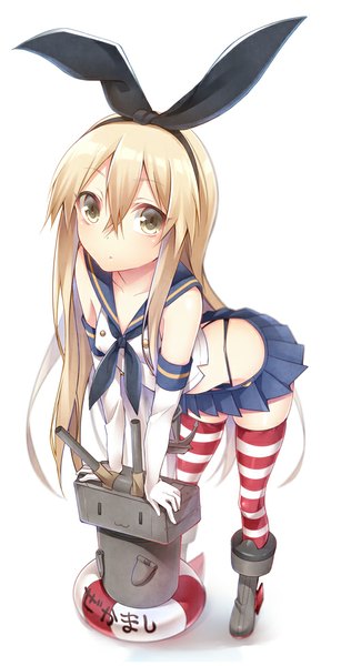 Anime picture 500x977 with kantai collection shimakaze destroyer rensouhou-chan hattori (junoct2000) long hair tall image light erotic simple background blonde hair white background yellow eyes pleated skirt :o :3 girl thighhighs skirt gloves elbow gloves white gloves