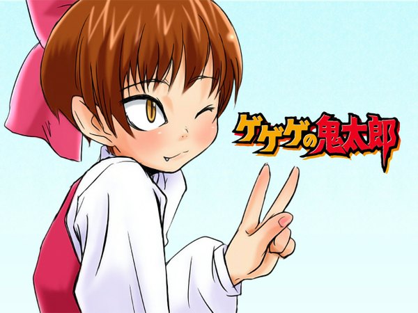 Anime picture 1280x960 with gegege no kitarou toei animation nekomusume single blush fringe short hair brown hair yellow eyes payot looking away upper body long sleeves one eye closed arm up wink fang (fangs) copyright name victory girl