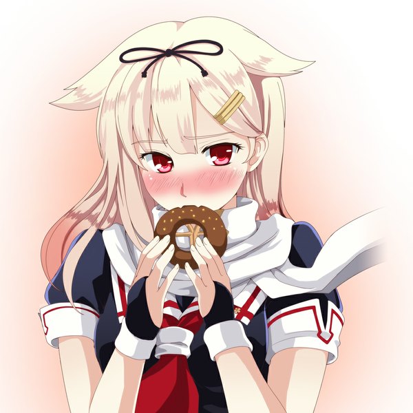 Anime picture 1000x1000 with kantai collection yuudachi destroyer ivuki single long hair looking at viewer blush red eyes white hair eating remodel (kantai collection) girl food scarf sailor suit doughnut