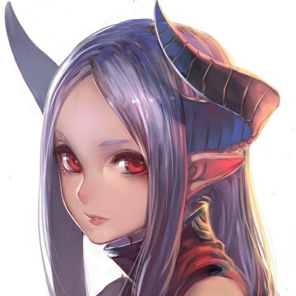Anime picture 900x900 with original kogami akito single long hair looking at viewer simple background red eyes white background parted lips profile horn (horns) pointy ears grey hair realistic portrait close-up girl