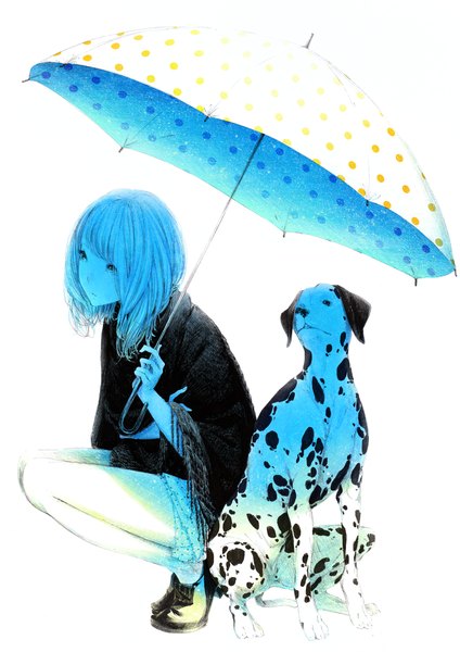 Anime picture 1000x1414 with original sousou (sousouworks) single tall image short hair simple background white background sitting holding full body monochrome squat polka dot casual partially colored shared umbrella girl animal shoes umbrella