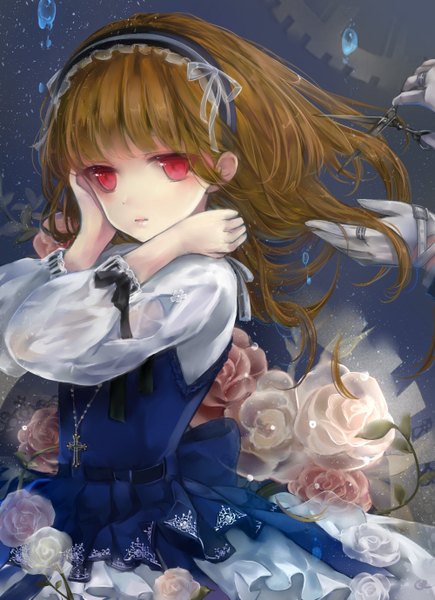 Anime picture 1000x1379 with original 041 single long hair tall image red eyes brown hair hairdressing cutting hair girl dress gloves flower (flowers) frills headdress rose (roses) cross necklace water drop gears