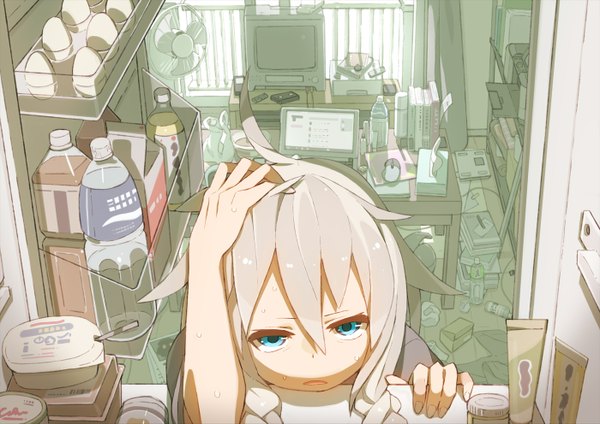 Anime picture 1400x991 with vocaloid ia (vocaloid) tomioka jirou single long hair looking at viewer blue eyes blonde hair braid (braids) sweat twin braids hand on head messy room girl food bottle desk room box water bottle