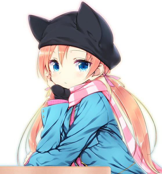 Anime picture 745x800 with original zizi (zz22) single long hair tall image looking at viewer blue eyes simple background white background animal ears cat ears orange hair chin rest girl gloves bow hair bow scarf fingerless gloves cap