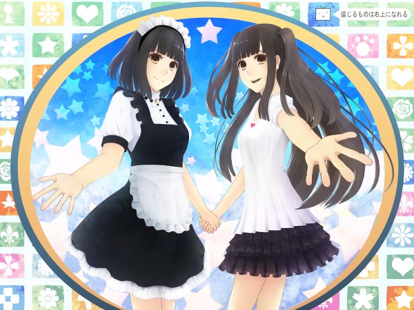 Anime picture 1200x900 with bounin long hair short hair black hair multiple girls yellow eyes maid holding hands girl 2 girls headdress star (symbol) maid headdress sundress