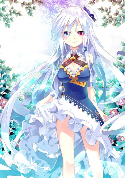 Anime picture 723x1023 with original canon (nyori) nyori single tall image looking at viewer blush fringe breasts blue eyes smile red eyes large breasts bare shoulders cleavage white hair very long hair wind heterochromia dress lift