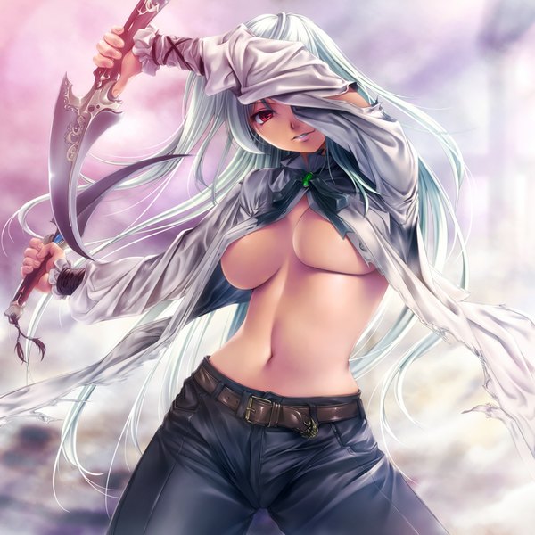 Anime picture 1000x1000 with original rezi single long hair breasts light erotic red eyes holding white hair open clothes midriff open shirt dark skin underboob dual wielding girl navel weapon belt knife