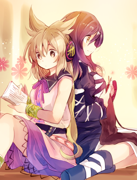 Anime picture 611x800 with touhou hijiri byakuren toyosatomimi no miko makuwauri long hair tall image short hair blonde hair smile sitting multiple girls brown eyes purple hair profile reading girl skirt 2 girls bracelet headphones