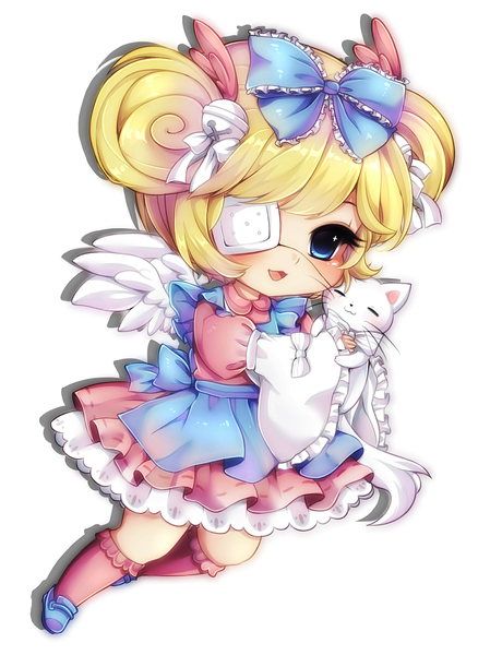 Anime picture 1101x1434 with midna01 single tall image blush fringe short hair blue eyes blonde hair full body transparent background chibi girl dress bow hair bow animal cat eyepatch