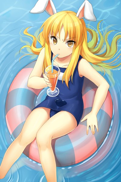 Anime picture 849x1274 with sword girls jenevan single long hair tall image looking at viewer blush fringe light erotic blonde hair sitting bare shoulders animal ears yellow eyes wind bunny ears looking up angry weightlessness frown