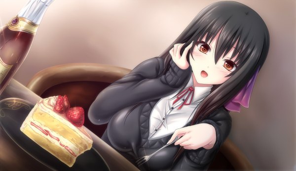 Anime picture 1500x868 with original uro (uroboros) single long hair looking at viewer blush open mouth black hair red eyes wide image girl food sweets sweater berry (berries) cake strawberry
