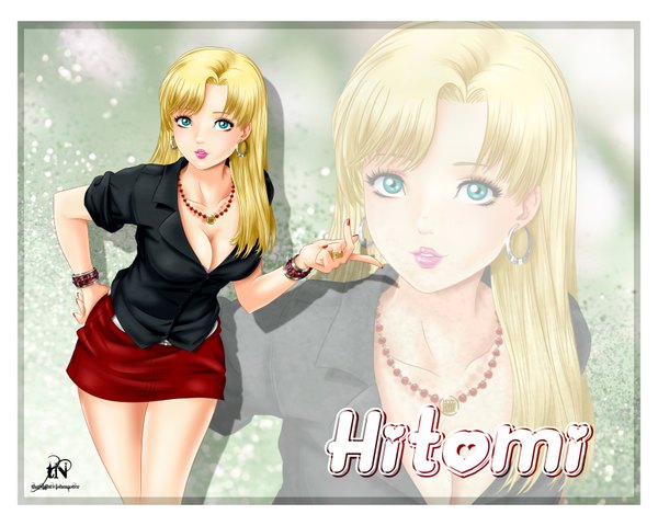 Anime picture 3500x2800 with original thenightwishmaster single long hair looking at viewer highres light erotic blonde hair green eyes absurdres cleavage lips girl skirt earrings miniskirt choker