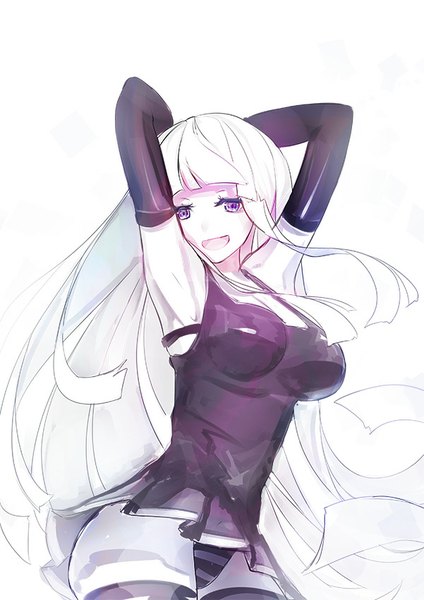 Anime picture 601x850 with me!me!me! meme (me!me!me!) raijuu (bakanara) single tall image looking at viewer fringe breasts open mouth light erotic smile large breasts purple eyes white hair very long hair armpit (armpits) girl dress gloves underwear
