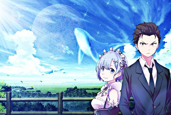 Anime picture 1000x670 with re:zero kara hajimeru isekai seikatsu original white fox rem (re:zero) natsuki subaru tagme (artist) mocha (cotton) fringe short hair blue eyes black hair smile brown eyes blue hair sky cloud (clouds) maid wallpaper serious formal