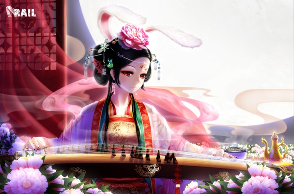 Anime picture 1515x1000 with original rail (silverbow) single looking at viewer short hair black hair red eyes traditional clothes japanese clothes hair flower bunny ears smoke pale skin girl hair ornament flower (flowers) kimono musical instrument shawl teapot