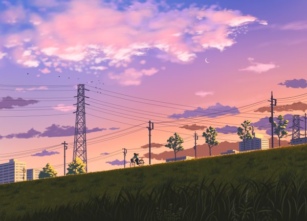 Anime picture 1200x864 with original doora (dora0913) single long hair sky cloud (clouds) scenic girl plant (plants) animal tree (trees) bird (birds) moon grass ground vehicle power lines bicycle