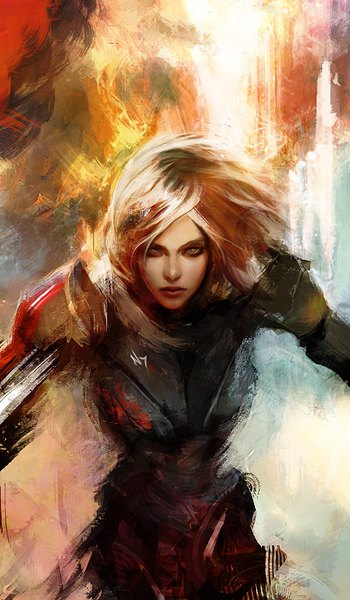 Anime picture 525x900 with mass effect commander shepard commander shepard (female) muju single tall image looking at viewer short hair brown eyes white hair lips realistic girl armor