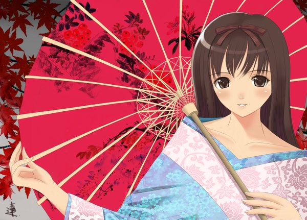 Anime picture 2952x2125 with original xiao lian single long hair blush highres black hair brown eyes signed traditional clothes japanese clothes girl kimono umbrella