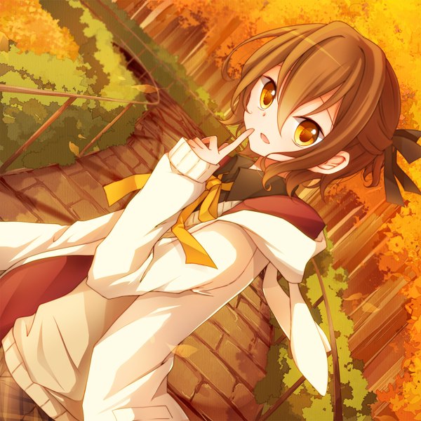 Anime picture 1598x1598 with original goma (11zihisin) single looking at viewer short hair open mouth light smile orange hair orange eyes finger to mouth plaid skirt walking girl skirt bow ribbon (ribbons) plant (plants) hair ribbon tree (trees) grass