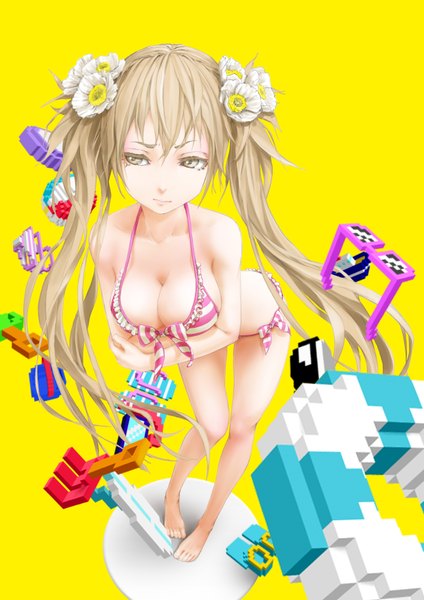 Anime picture 2480x3508 with original pi (pppppchang) single long hair tall image highres breasts light erotic brown hair twintails bare shoulders brown eyes looking away barefoot hair flower leaning leaning forward yellow background girl hair ornament