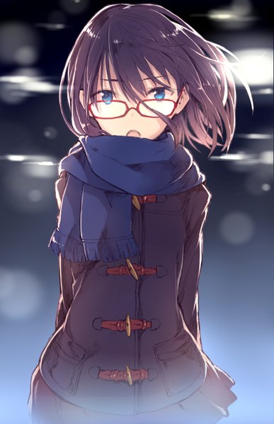 Anime picture 2000x3100 with en@rain single tall image looking at viewer fringe highres short hair open mouth blue eyes black hair wind girl skirt glasses jacket scarf