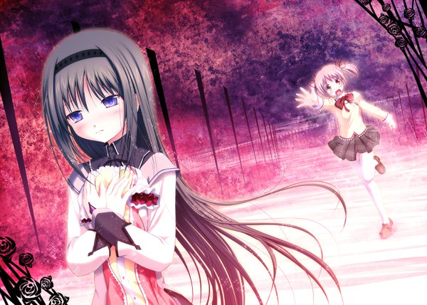 Anime picture 1680x1200 with mahou shoujo madoka magica shaft (studio) akemi homura kaname madoka yuunagi yuu long hair blush highres open mouth blue eyes black hair red eyes twintails multiple girls purple hair short twintails girl skirt uniform bow