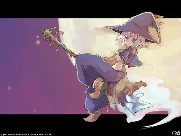 Anime picture 1024x768 with gagraphic shibano kaito single looking at viewer fringe short hair blue eyes hair between eyes full body white hair pointy ears letterboxed flying witch girl hat moon witch hat