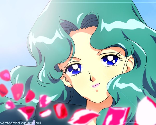 Anime picture 1280x1024 with bishoujo senshi sailor moon toei animation kaiou michiru abul single long hair looking at viewer blue eyes smile signed green hair wallpaper lipstick close-up vector third-party edit pink lipstick girl petals