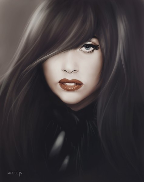 Anime picture 1213x1533 with real life lady gaga mochifin single long hair tall image looking at viewer fringe open mouth simple background hair over one eye realistic inscription teeth lipstick face eyeshadow dark hair girl