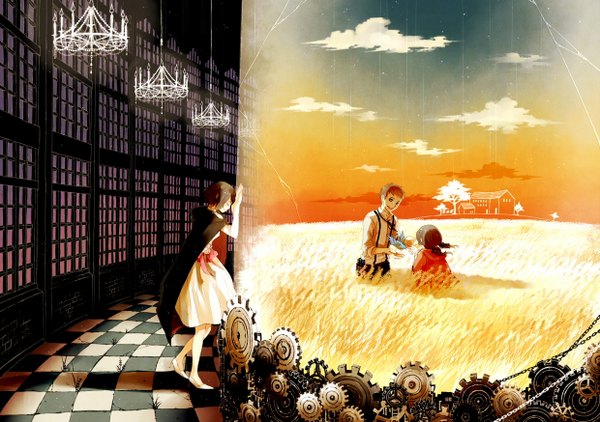 Anime picture 2480x1748 with original shigatsuya (artist) highres brown hair twintails multiple girls cloud (clouds) checkered floor checkered field girl dress boy 2 girls plant (plants) animal tree (trees) bird (birds) cape cloak