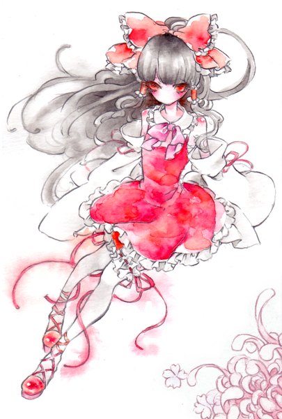 Anime picture 1181x1748 with touhou hakurei reimu miri (lycoris-candy) single long hair tall image black hair red eyes white background bare shoulders full body japanese clothes miko traditional media watercolor (medium) girl bow ribbon (ribbons) hair bow detached sleeves
