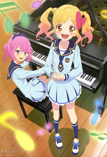 Anime picture 4083x5946 with aikatsu! aikatsu stars! nijino yume sakuraba rola long hair tall image looking at viewer blush highres open mouth blue eyes blonde hair red eyes sitting twintails multiple girls pink hair absurdres official art girl