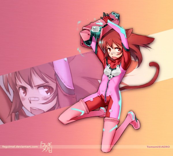Anime picture 1000x900 with feguimel single long hair blush open mouth red eyes animal ears red hair tail animal tail cat ears cat tail bandaid on nose girl suit bandaid
