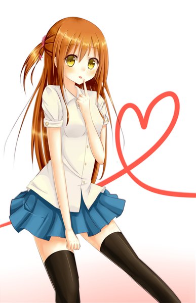 Anime picture 900x1393 with original tsuchikure (3105mitoko) single long hair tall image looking at viewer blush simple background brown hair white background yellow eyes finger to mouth girl thighhighs skirt black thighhighs shirt