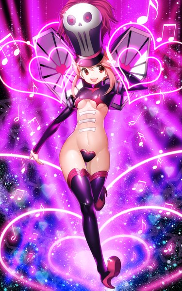 Anime picture 750x1200 with kill la kill studio trigger jakuzure nonon aile (crossroads) single tall image breasts open mouth light erotic red eyes payot looking away pink hair skull print girl thighhighs underwear panties black thighhighs hat